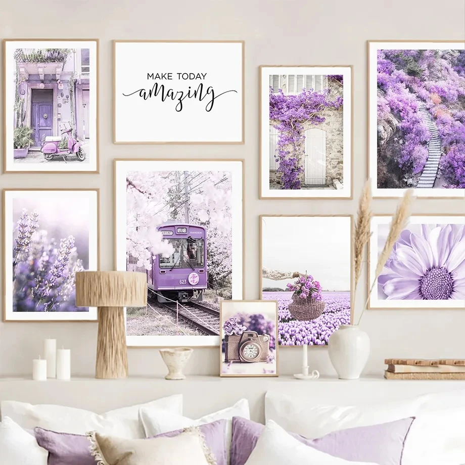 Lavender Oil - Quadro paesaggistico con fiori viola, casa,